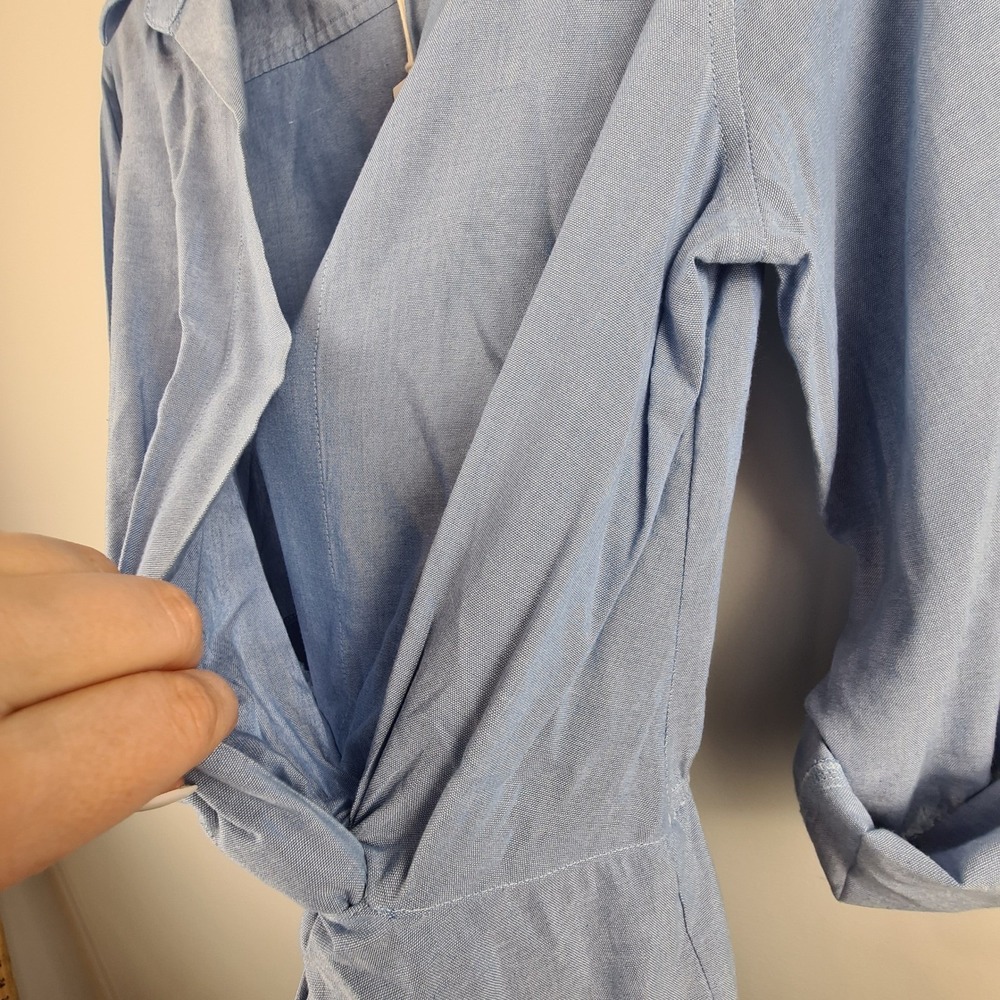 Heartloom Womens Blue Faux Wrap Front Knot Kay Dress Medium Roll Tab Sleeve - Picture 8 of 12